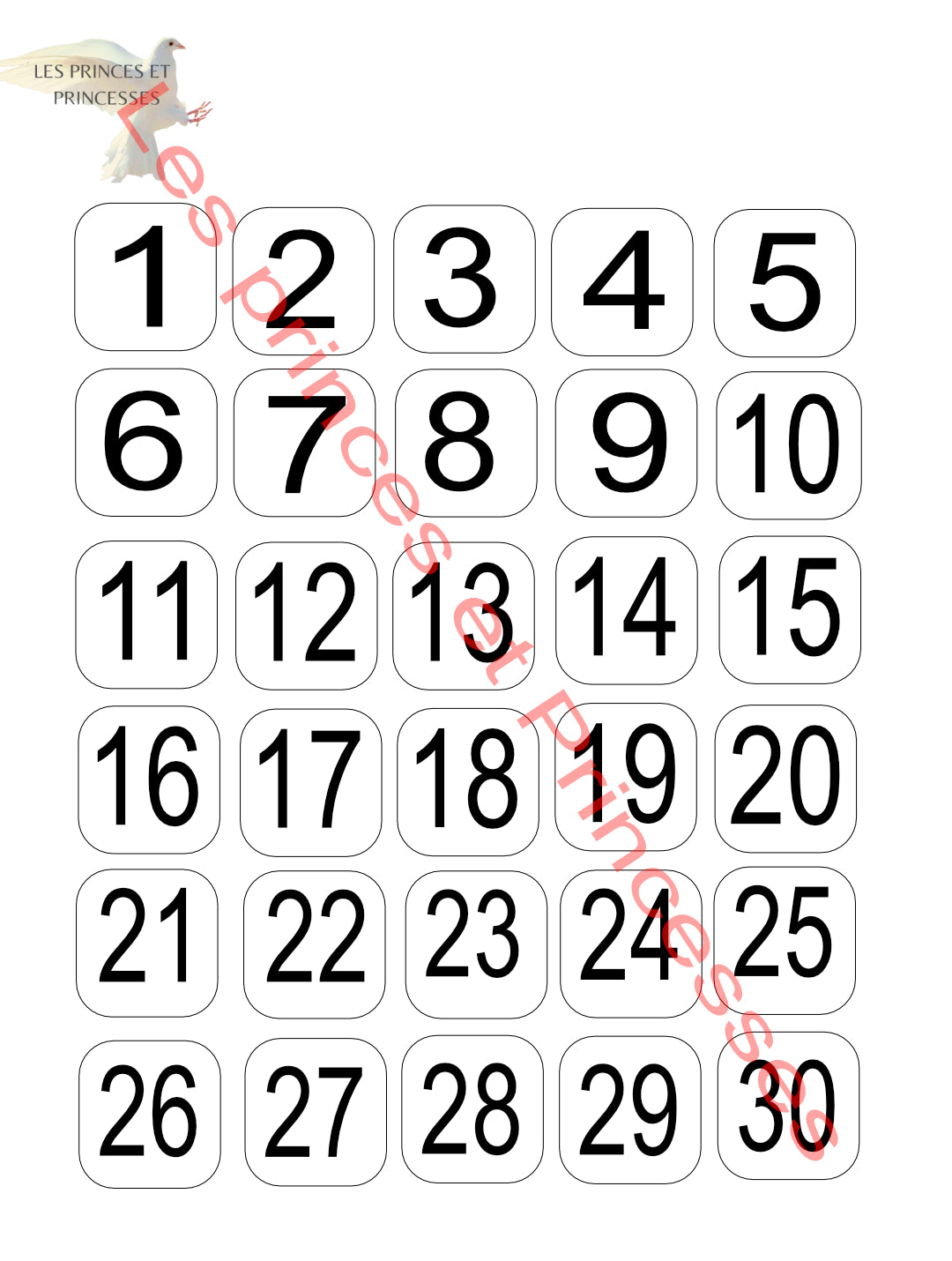 Planche nombre de 1 à 30