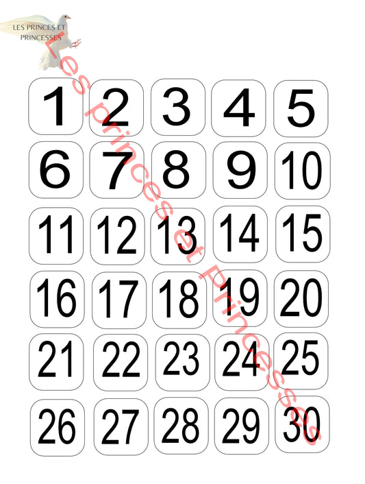 Planche nombre de 1 à 30