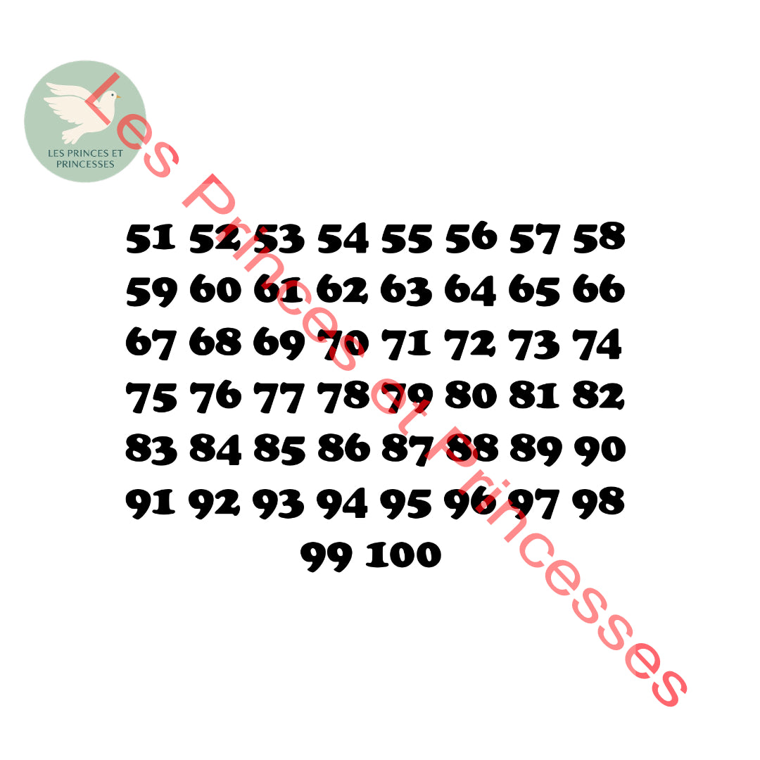 Planche d’apprentissage des nombre de 51 à 100